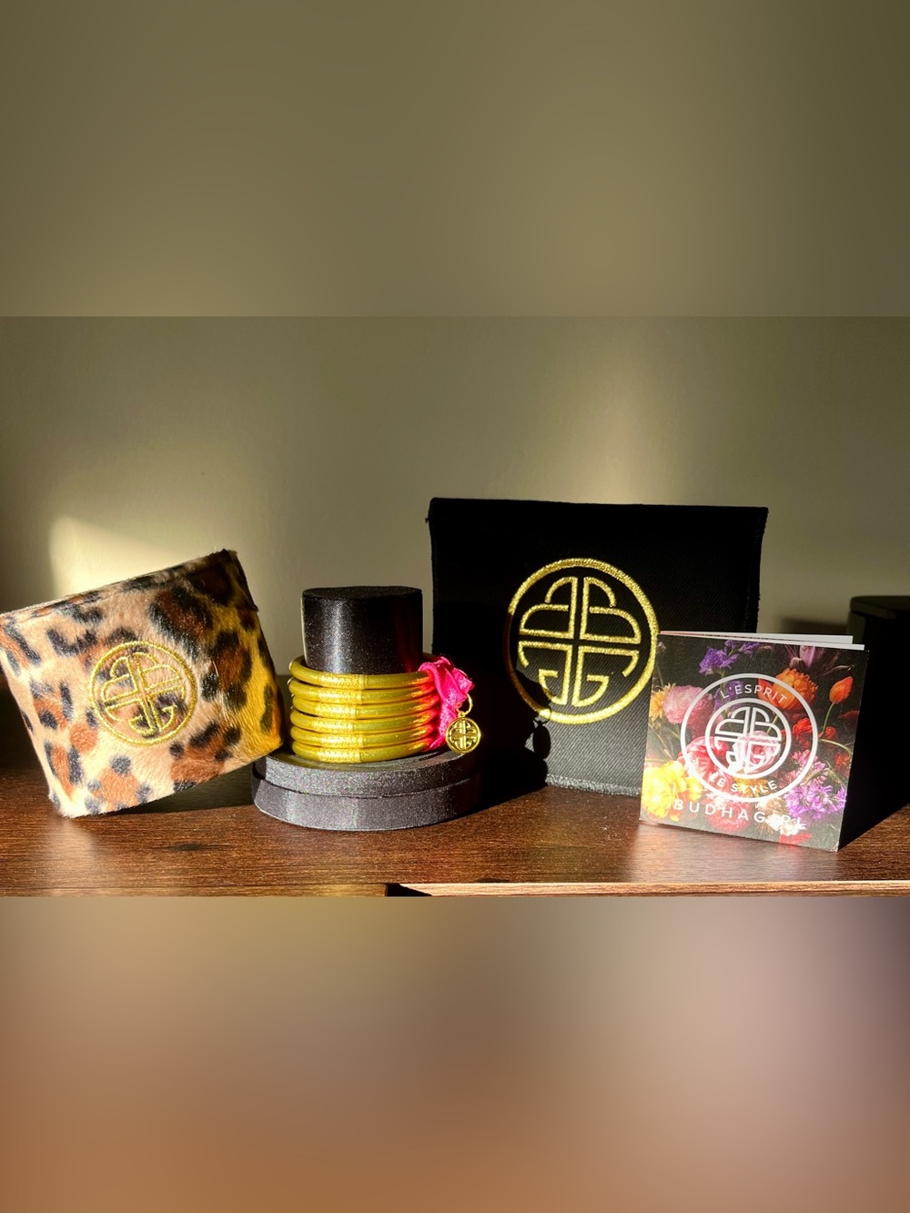 Authentic BuDhaGirl Gold All Weather Bangles Small Set of 6 + Gaga Canister Box